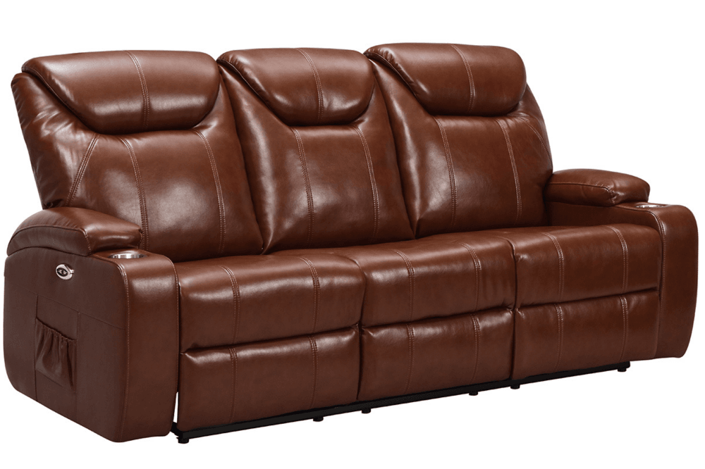 Cinema Tan Electric Leather 3+2 Seater Recliner Sofa Set With Two Cup Holders