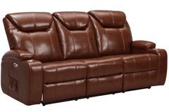 Cinema Tan Electric Leather 3 Seater Recliner Sofa With Two Cup Holders