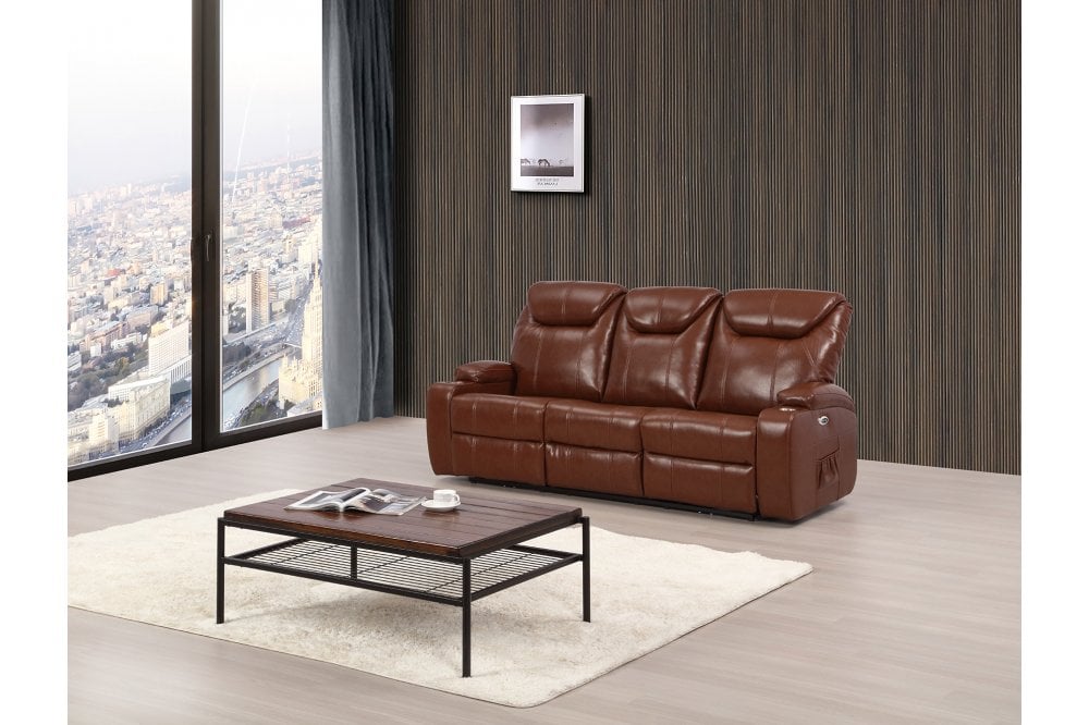 Cinema Tan Electric Leather 3 Seater Recliner Sofa With Two Cup Holders