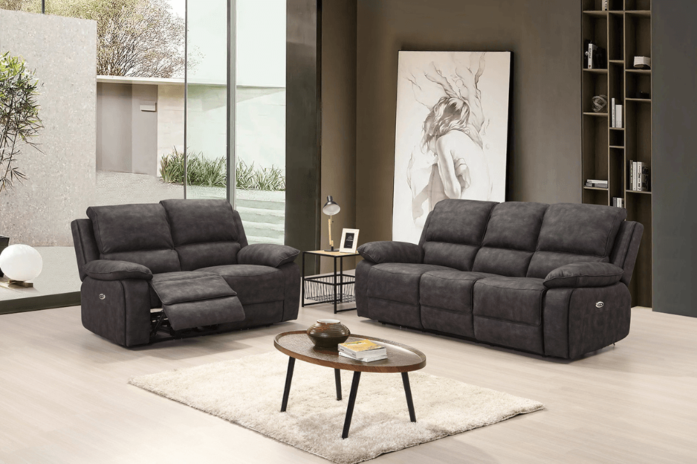 Maple Grey Suede Fabric Electric Recliner 3+2 Seater Sofa Set