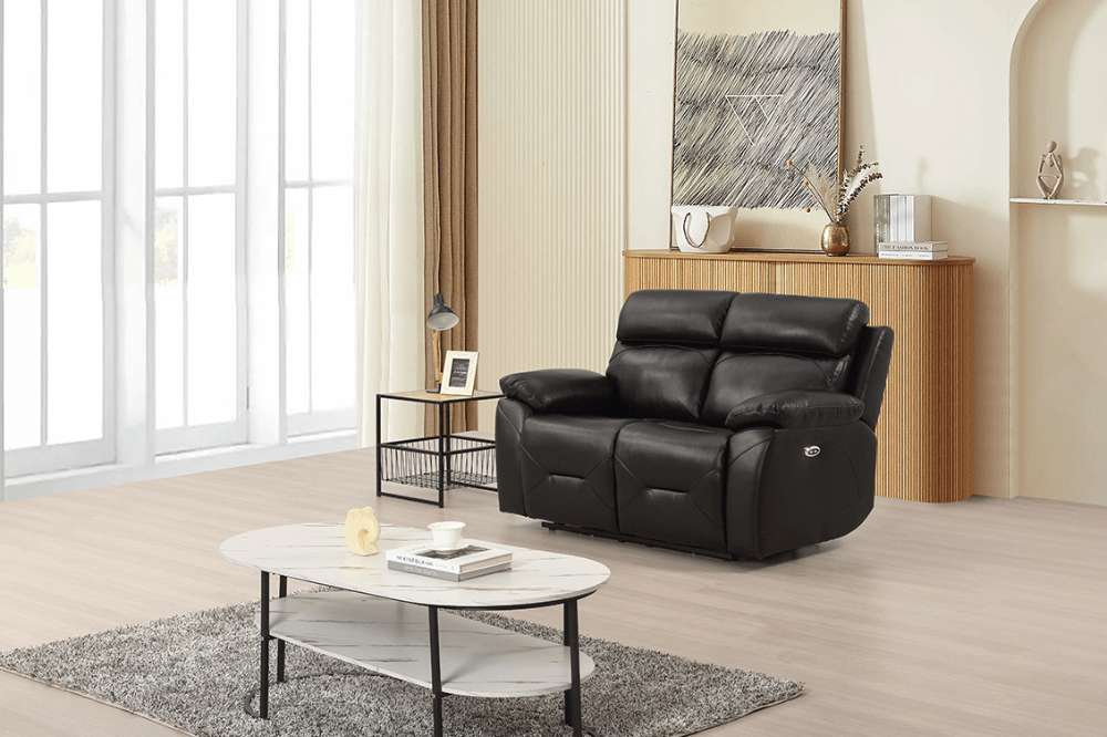 Renato Genuine Leather Black Electric Power Recliner 2 Seater