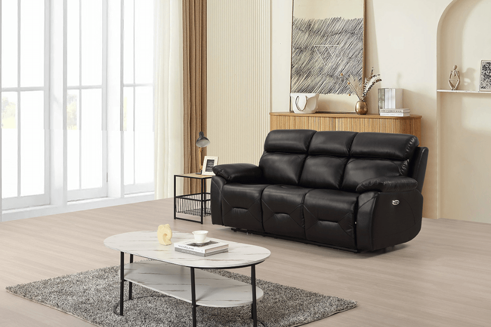 Renato Genuine Leather Black Electric Power Recliner 3 Seater