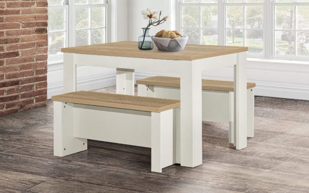 Highgate Dinning Table and Bench Set.  Cream & Oak Effect