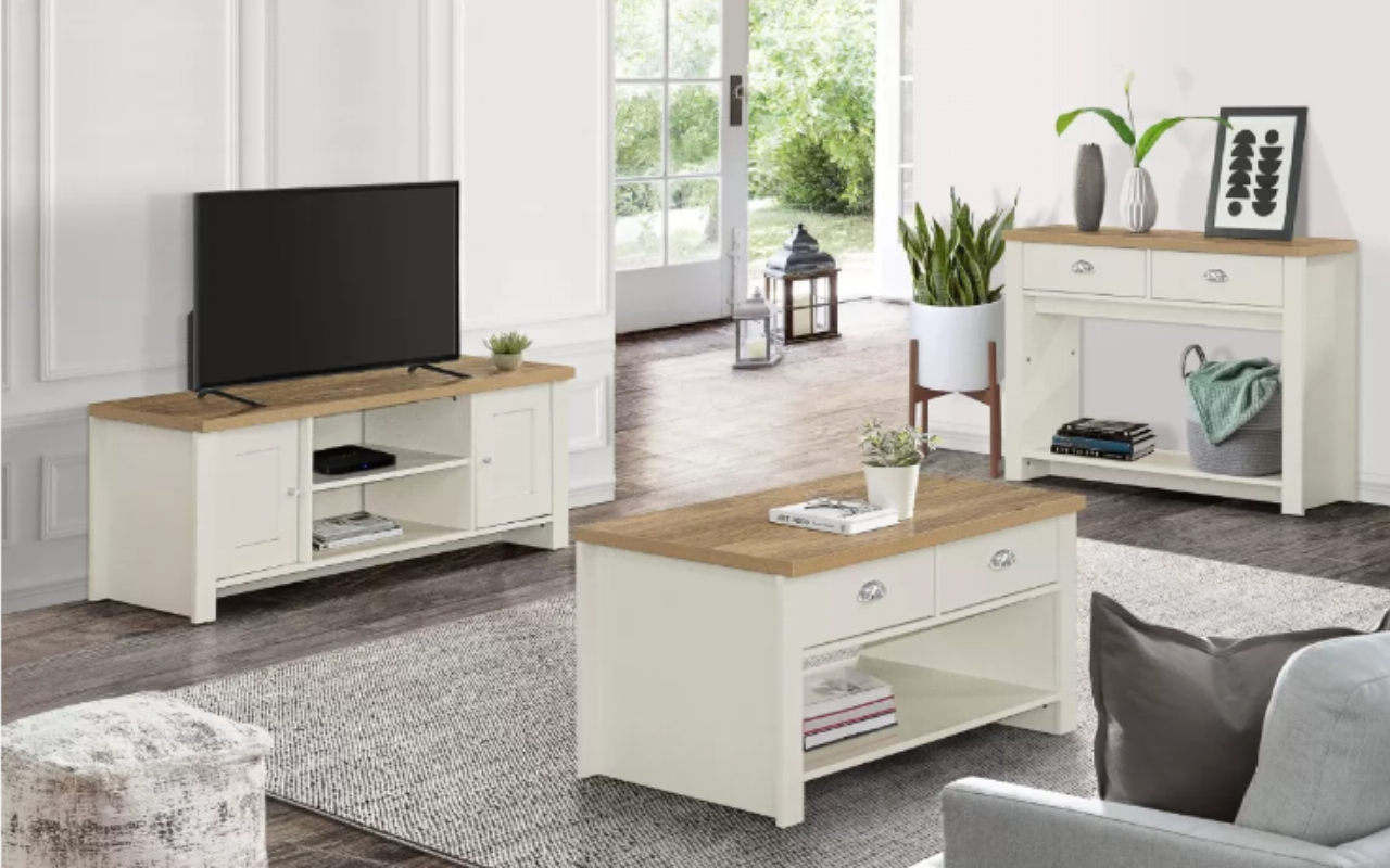 Highgate Living Room Set : Stone - MDP.  Large TV Unit , 2 Drawer Coffee Table & 2 Drawer Console Table 